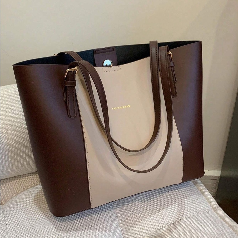 Elegant Brown and Cream Leather Tote Bag